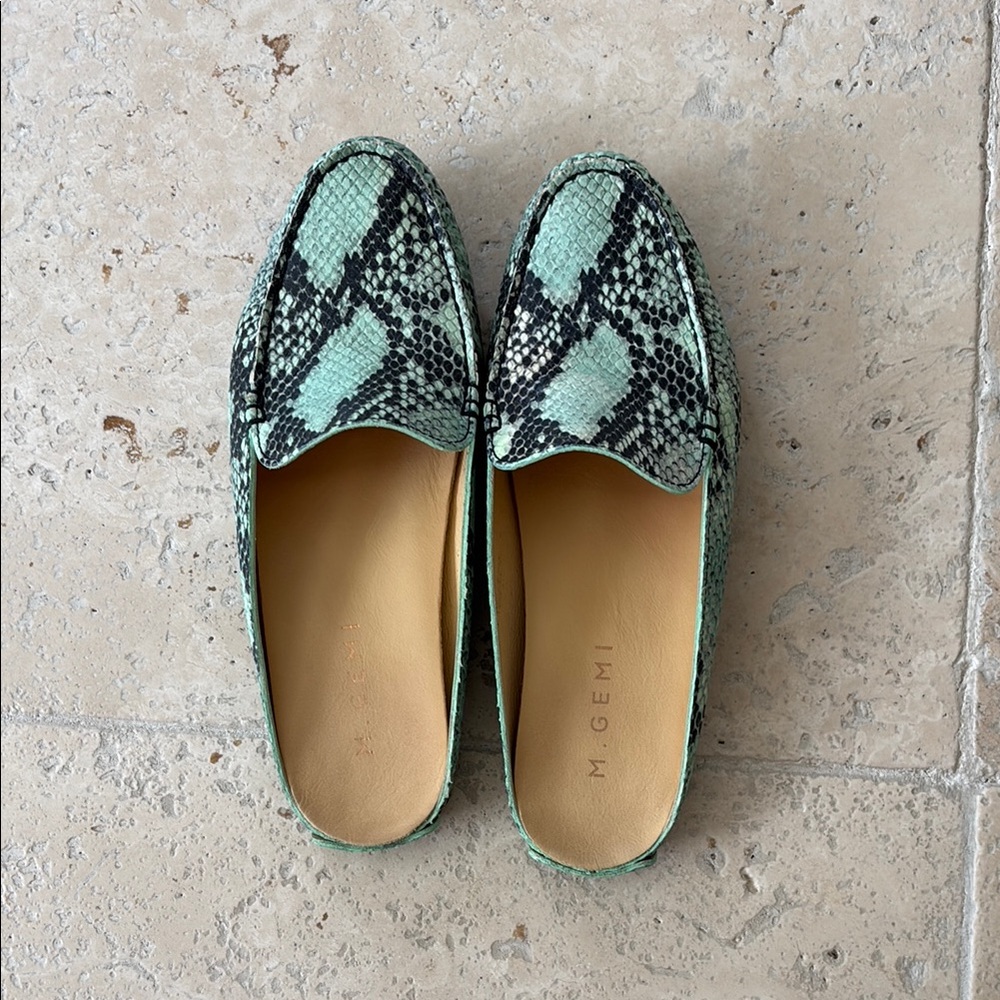M. Gemi Women's Green Snakeskin Loafers Slides